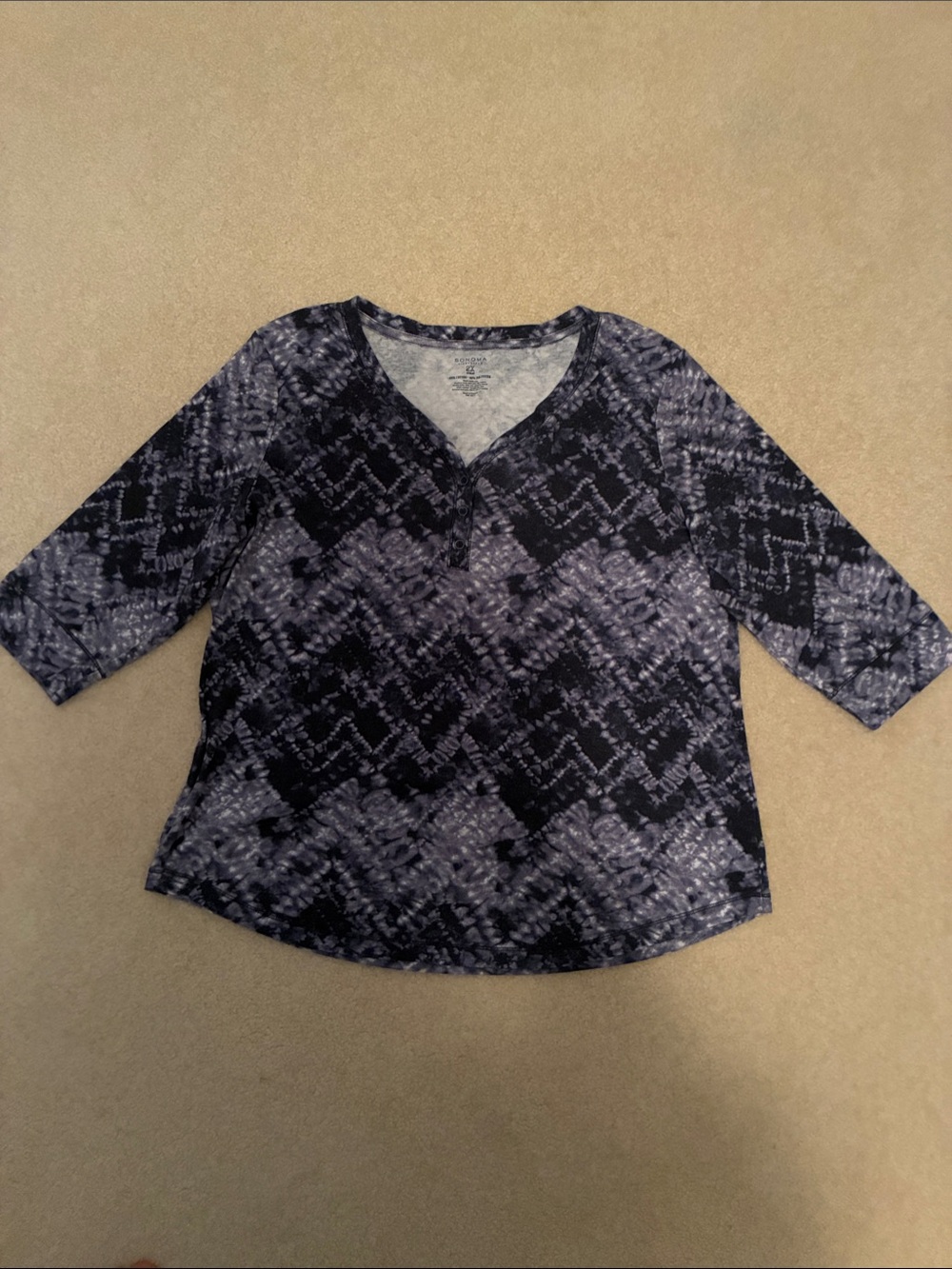Sonoma Navy and Gray Patterned V-Neck 3/4 Sleeve Tunic